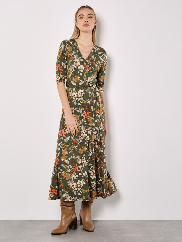 Floral Leaf Print Midaxi Dress, Khaki, large