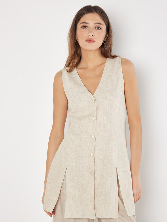 Linen Blend Longline Waistcoat, Stone, large