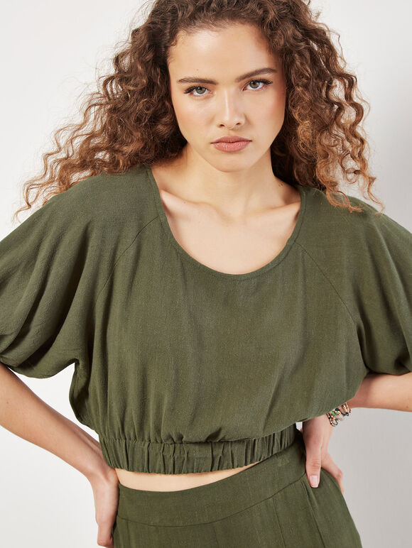 Linen Blend Crop Top, Khaki, large