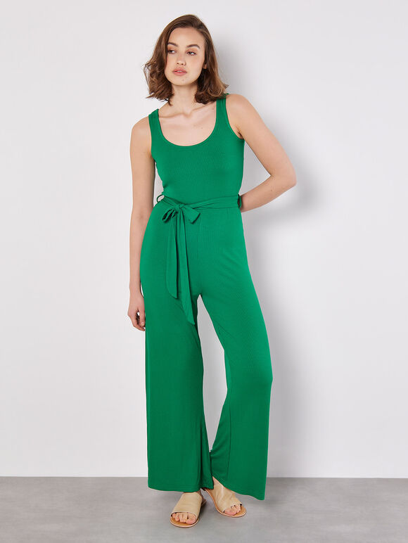 Sleeveless Ribbed Jersey Jumpsuit, Green, large