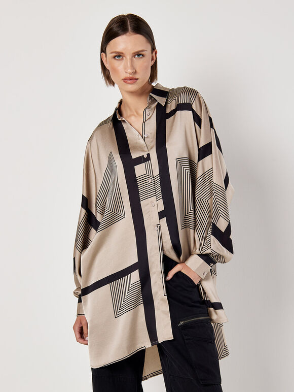 Graphic Squares Oversized Satin Shirt, Brown, large