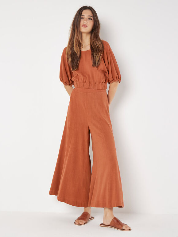 Linen Blend Palazzo Trousers, Rust, large