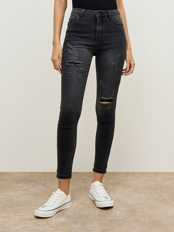 Sienna Mid-Rise Ripped Skinny Fit Jeans, Black, large