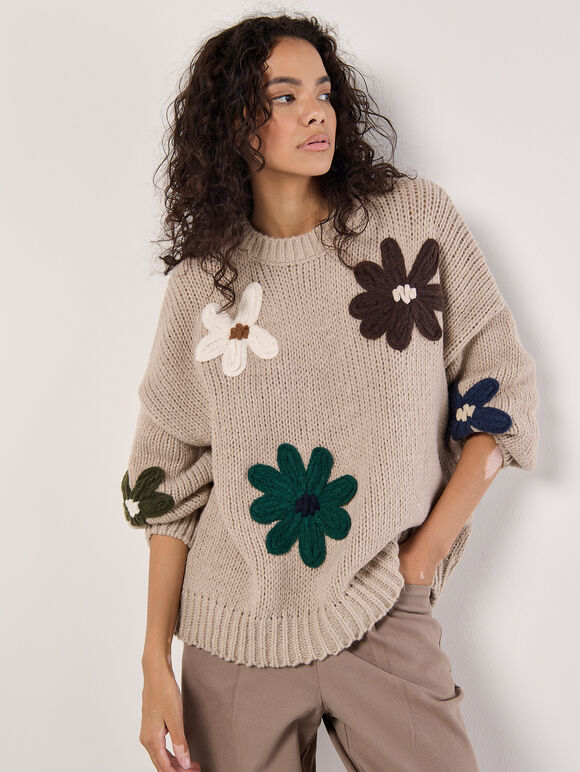 Embroidered Flower Jumper, Stone, large