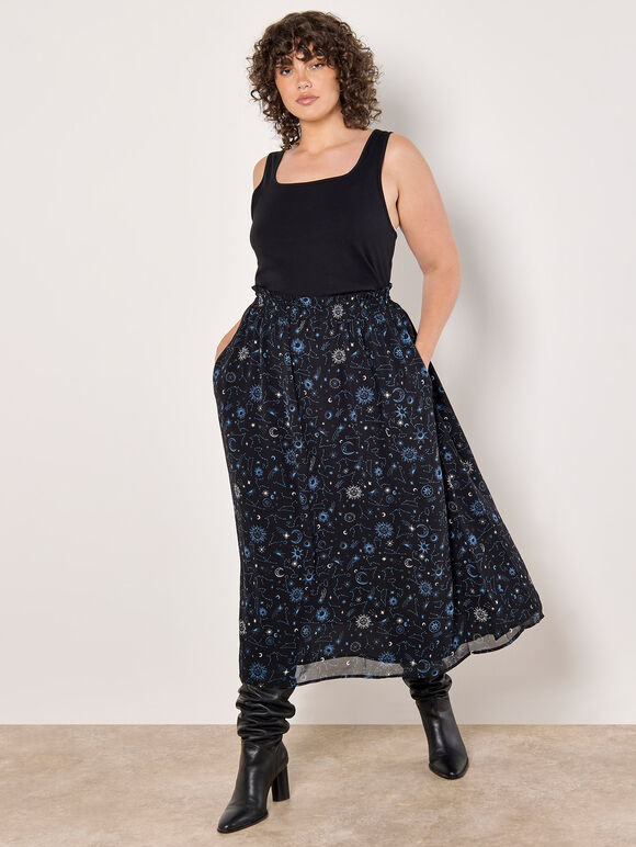 Curve Chiffon Constellation Midi Skirt, Blue, large