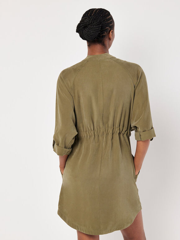 Drawstring Shirt Mini Dress, Khaki, large