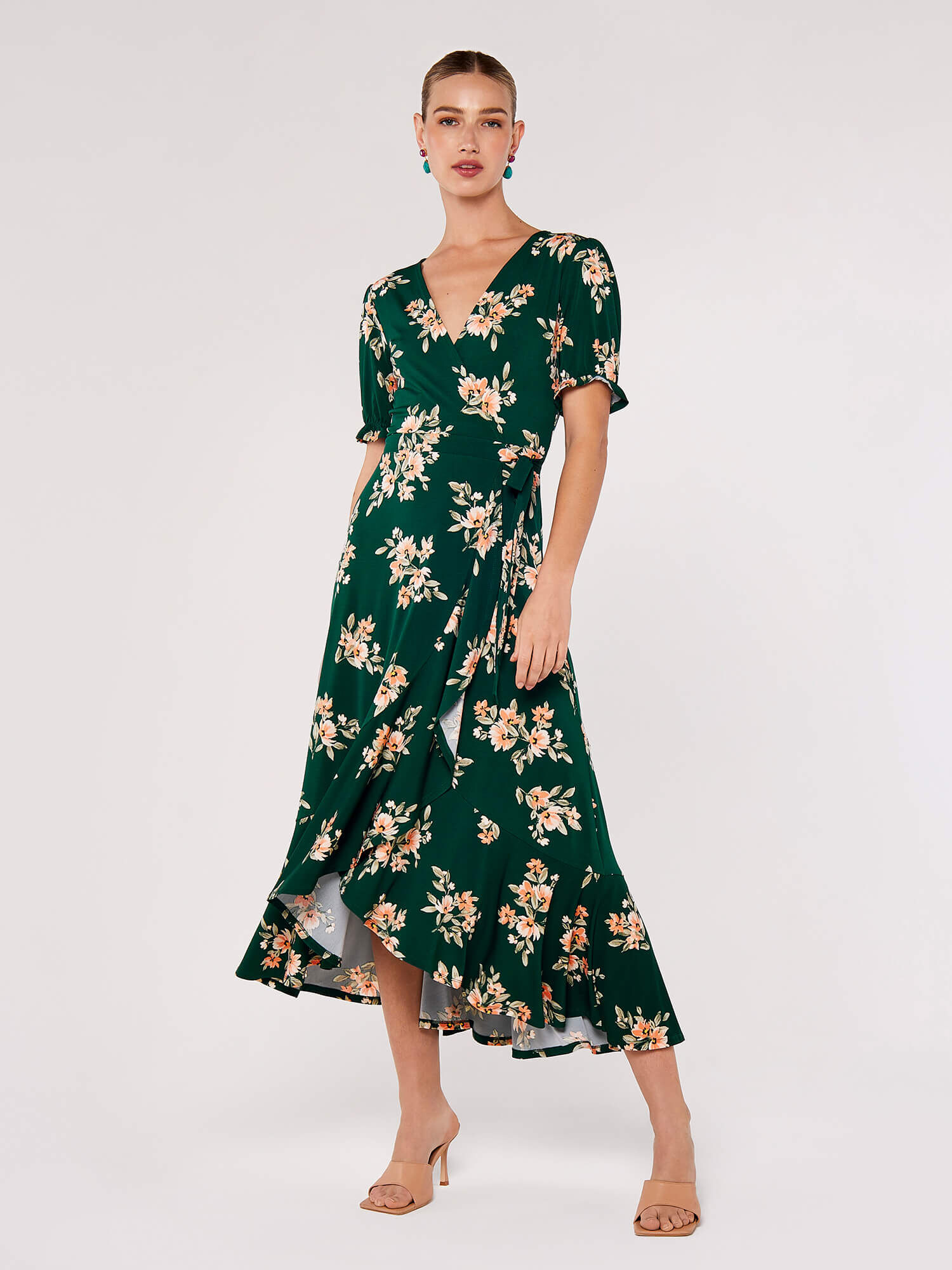 Floral Print Ruffle Hemline Long Sleeve Wrap Mini Dress – ModeShe.com