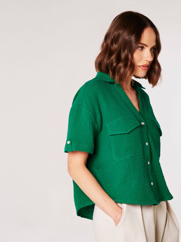 Textured Cotton Boxy Shirt, Green, large