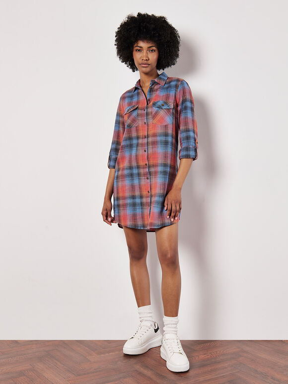 Sunset Plaid Shirt Dress, Blue, large