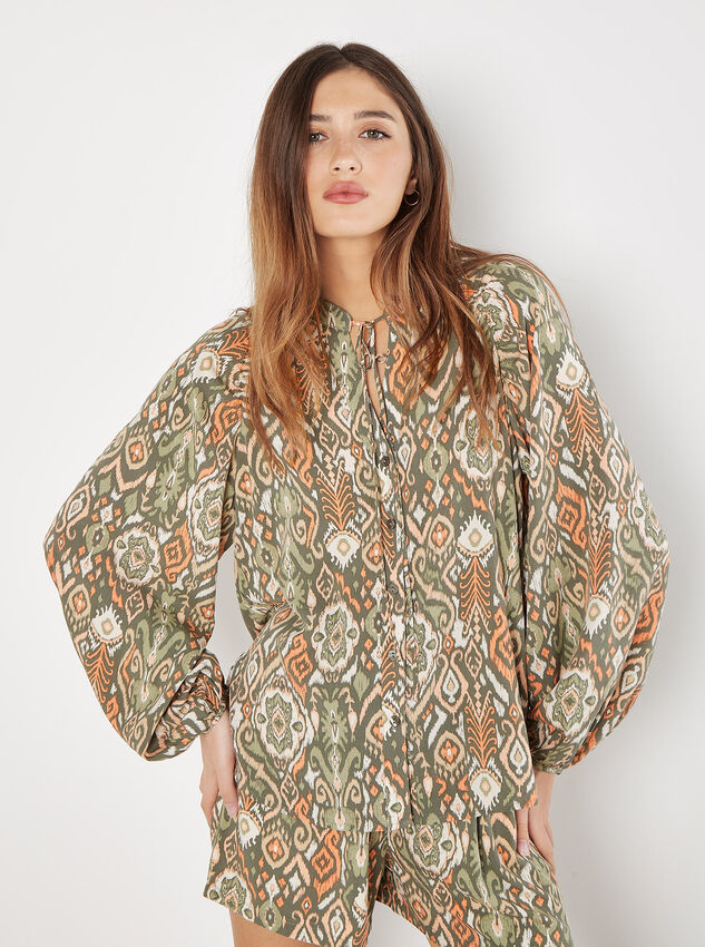 Ikat Print Oversized Blouse, Khaki, large