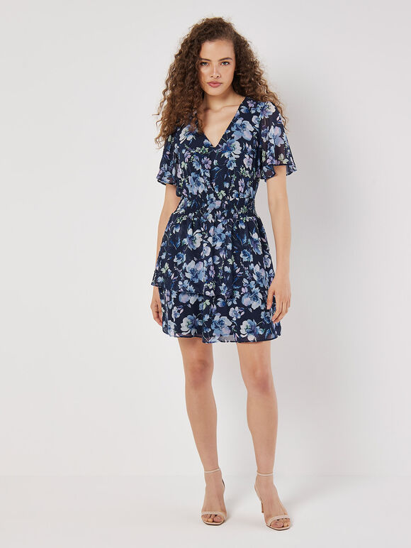 Watercolour Blooms Chiffon Mini Dress, Navy, large