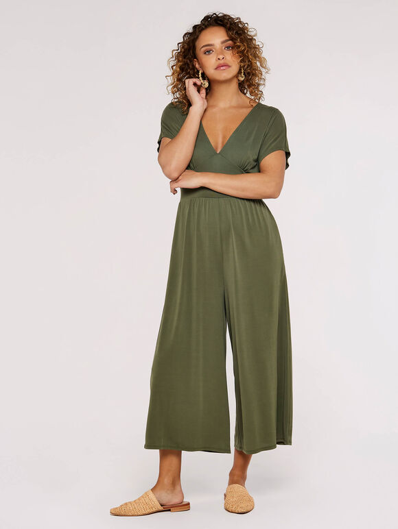 V Neck Jumpsuit, Khaki, large