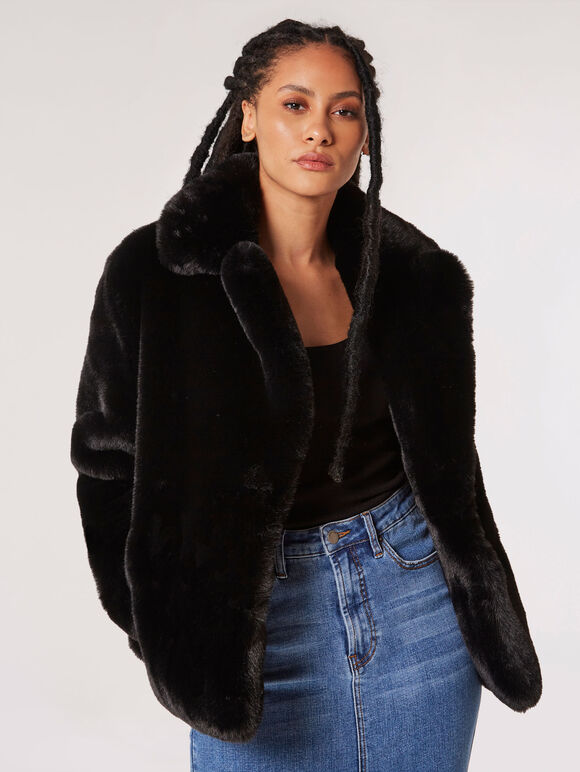 Short Opulent Fur Coat, Black, large