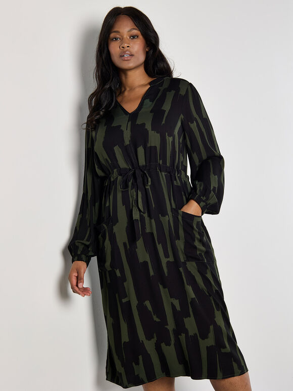 Curve Abstract Lines Midi Dress, Khaki, large