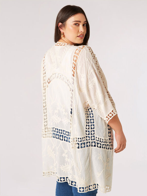 Curve Embroidered Longline Kimono, Stone, large