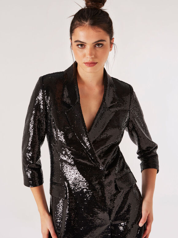 Sequin Blazer Mini Dress, Black, large