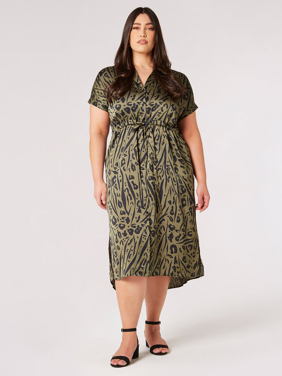 Curve Animal Satin Midi Dress, Khaki, large