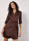 Animal Print Satin Wrap Mini Dress, Rust, large