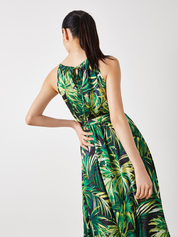 Tropical Leaf Satin Midi Dress, Navy, large