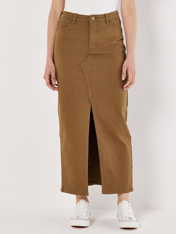 Front Split Denim Maxi Skirt, Brown, large