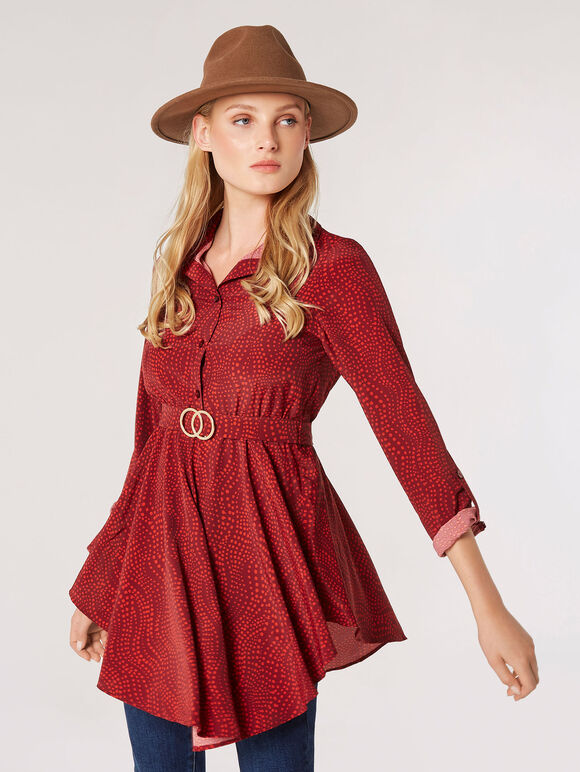 Swirl Spot Shirt Mini Dress, Burgundy, large