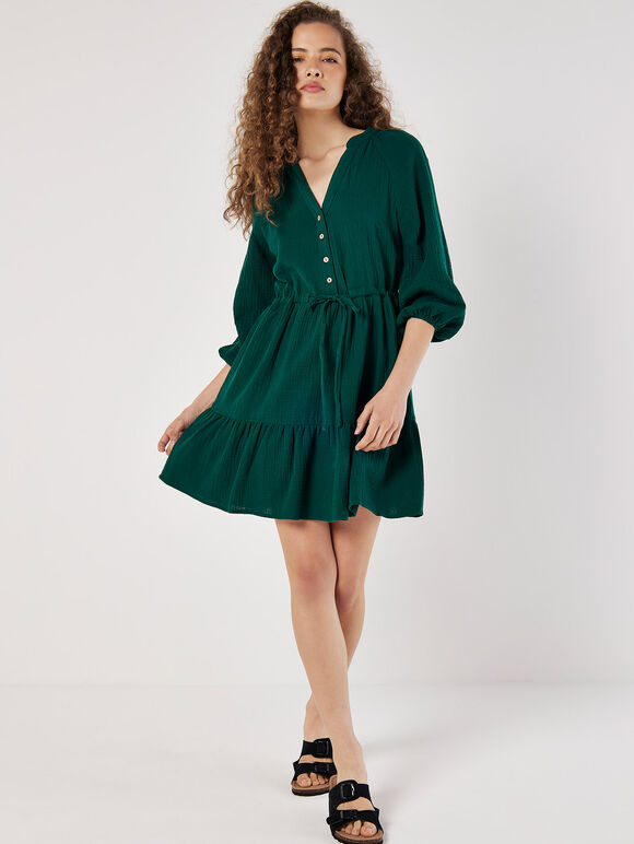 Textured Cotton Drawstring Mini Dress, Green, large