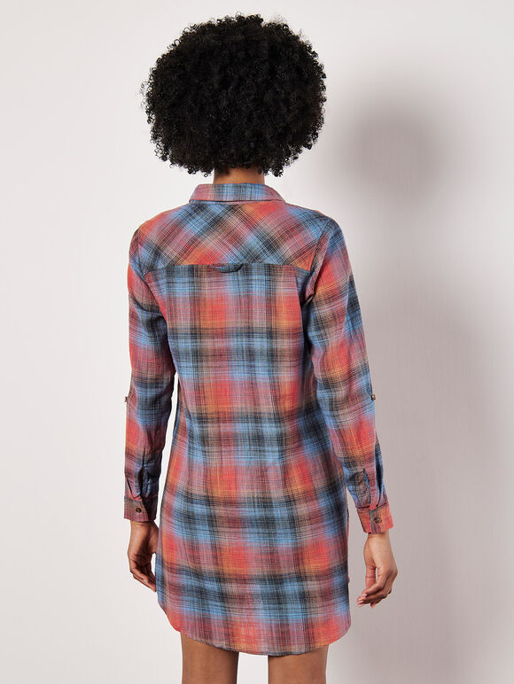 Sunset Plaid Shirt Dress, Blue, large